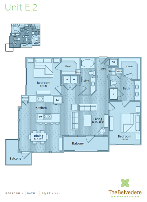 Floor plan for 2 beds, 2 baths, 1312 sqft